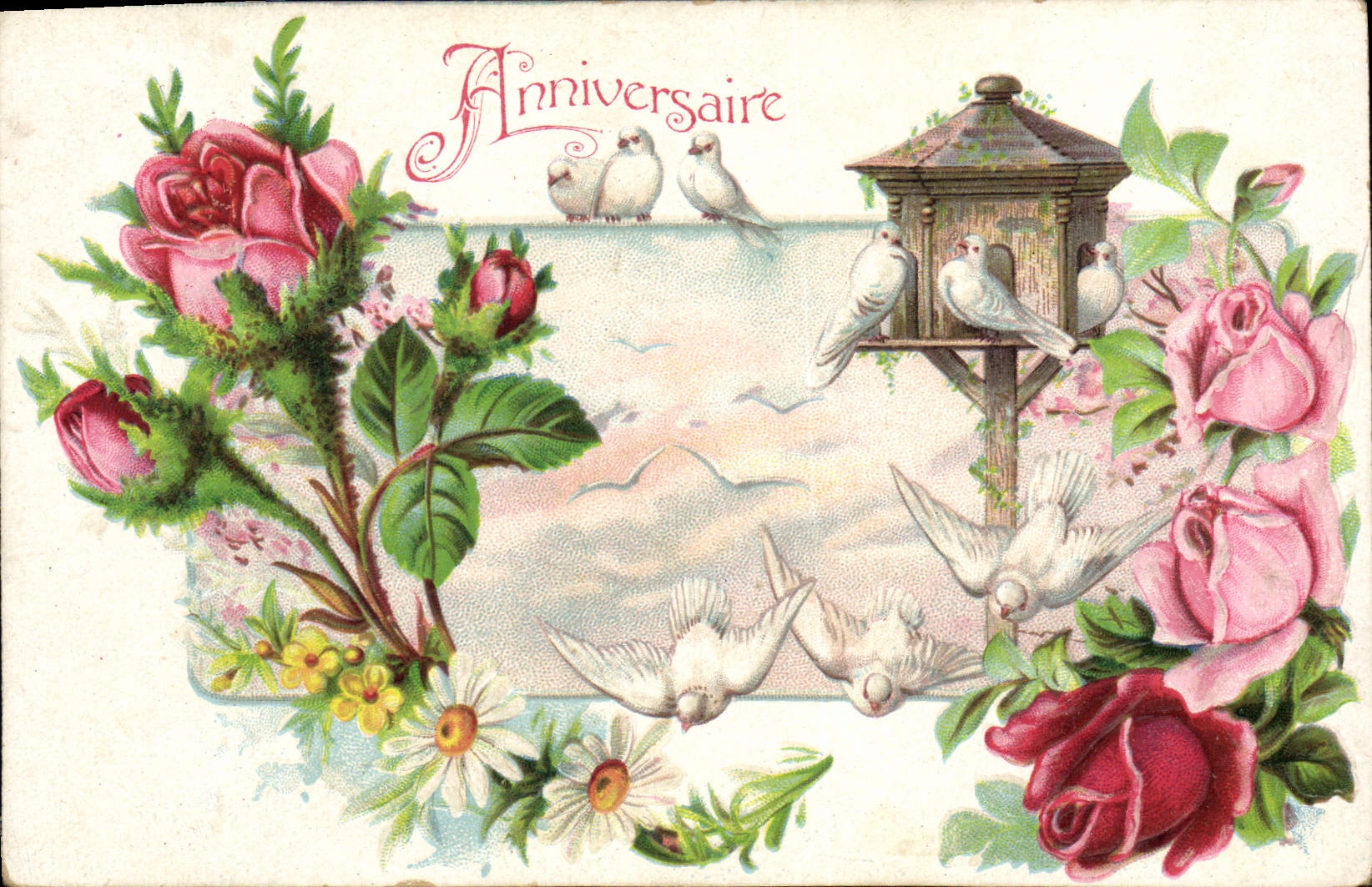 VINTAGE POSTCARD Fantasy Flowers Doves Birthday
