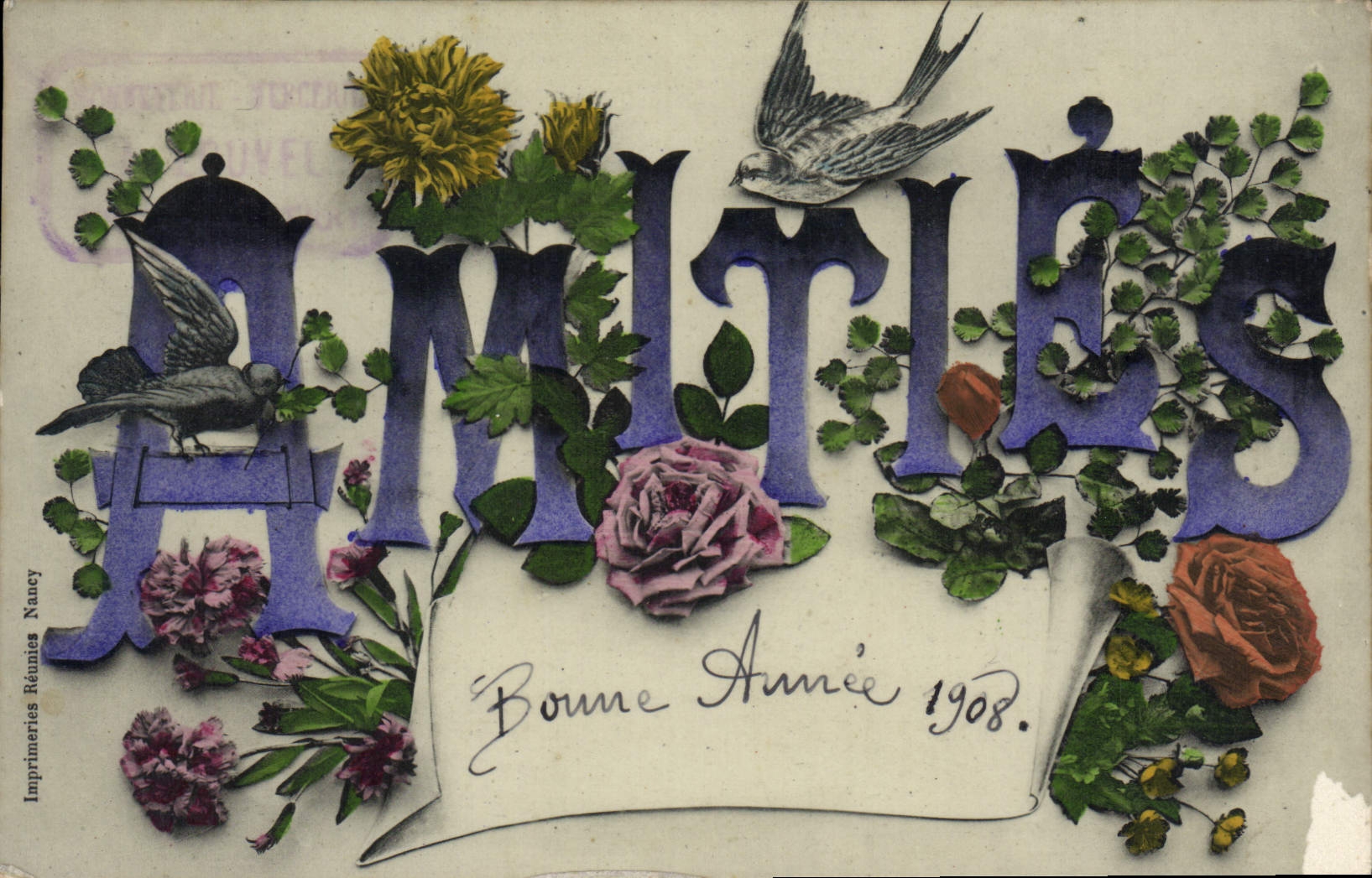 CPA Fantaisie Fleurs Oiseaux