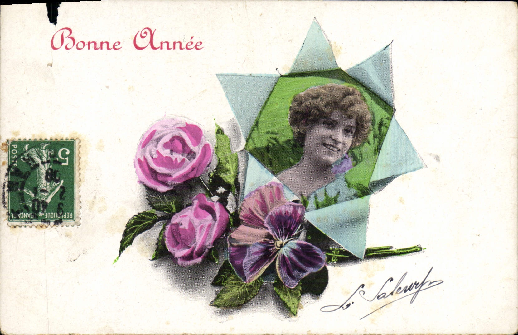 VINTAGE POSTCARD Fantasy Woman Happy New Year Flowers