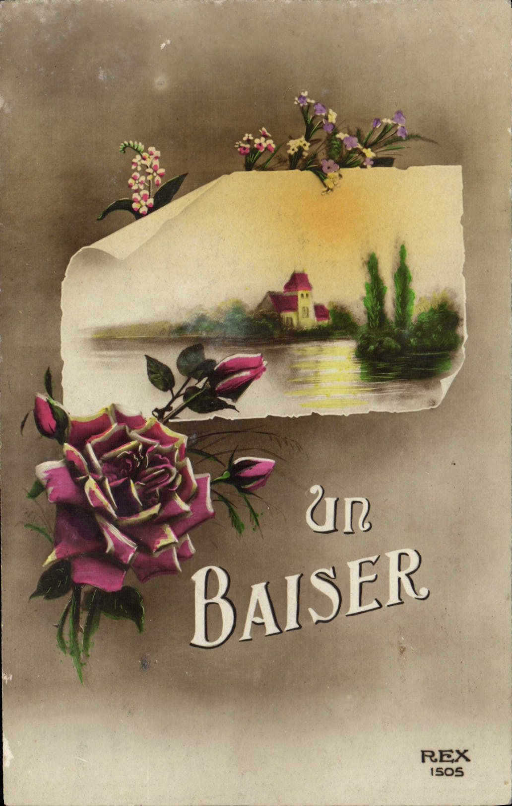 VINTAGE POSTCARD Fantasy Flowers a kiss