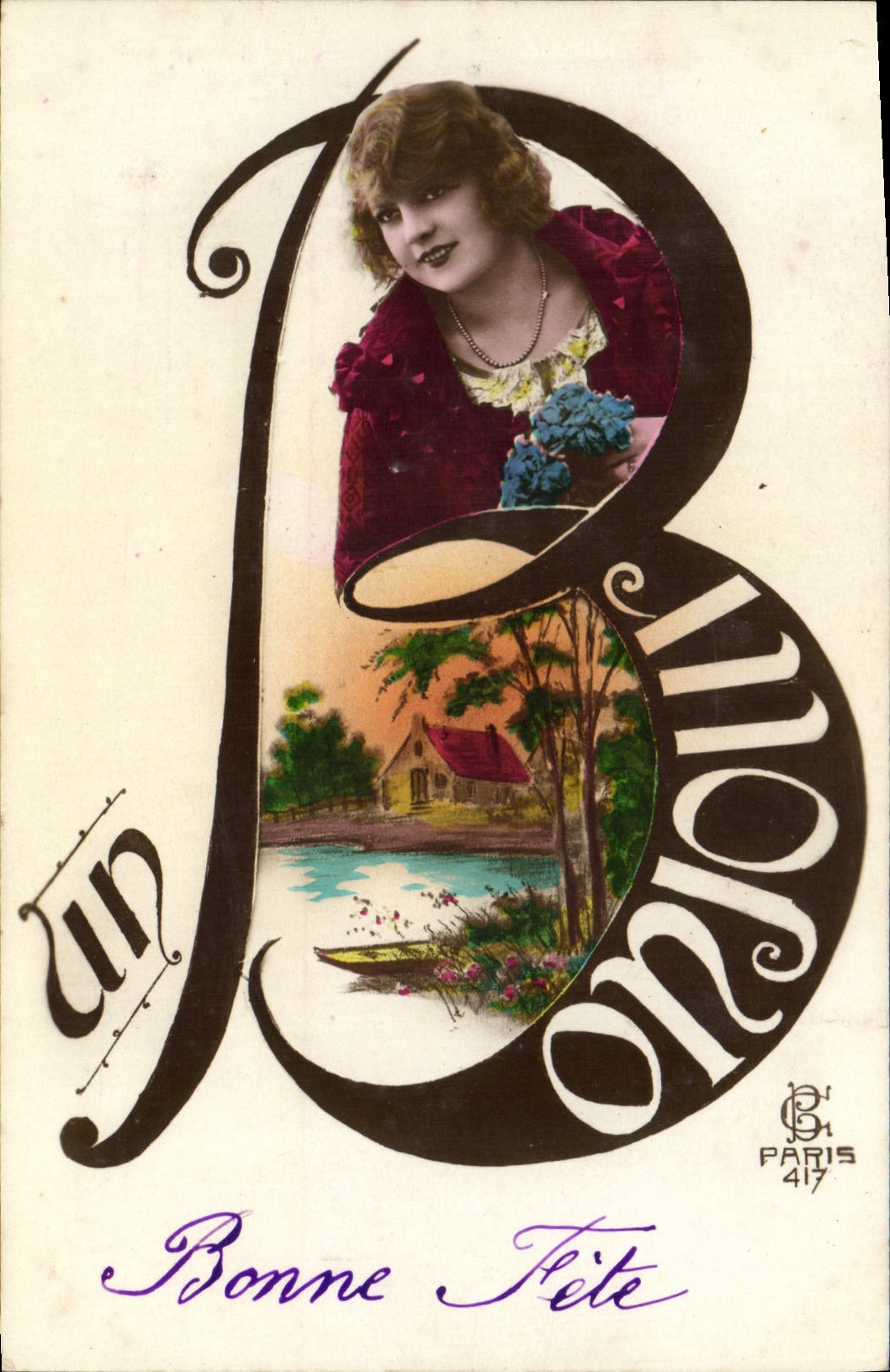 VINTAGE POSTCARD Fantasy Woman Letter B a hello