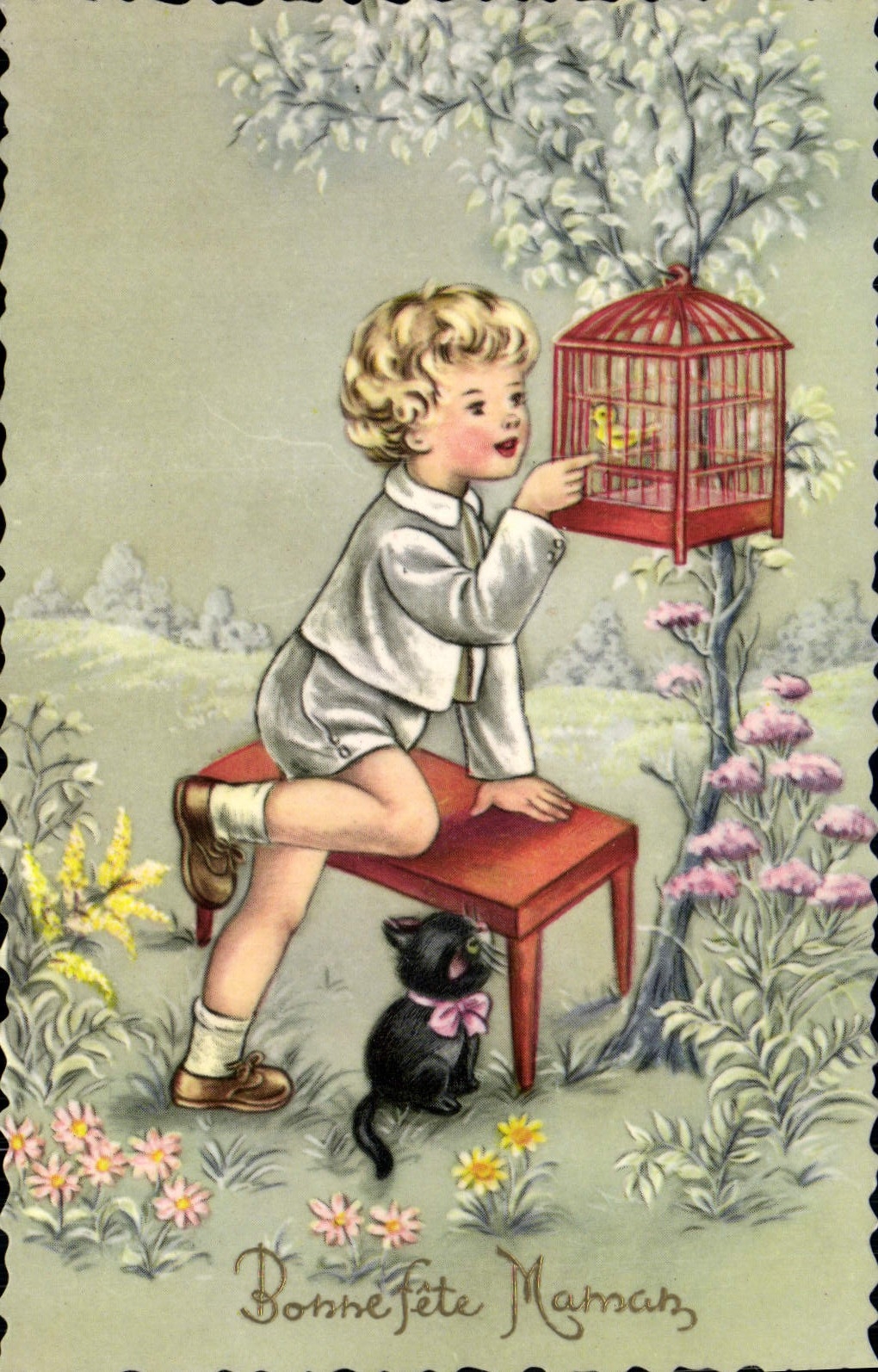 VINTAGE POSTCARD Fantasy Child Cat Kitten Bird