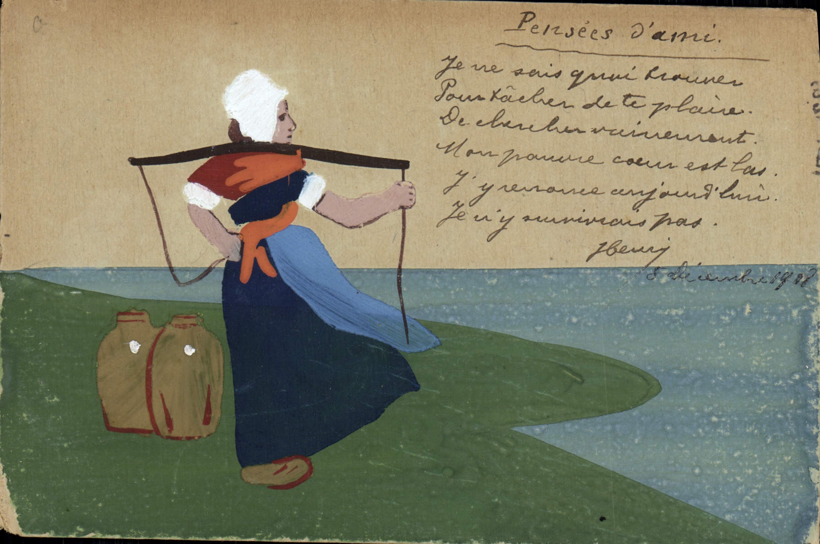 VINTAGE POSTCARD Fantasy Woman Thought of friend (painted with the hand)