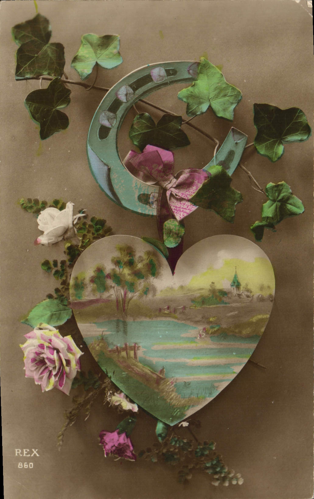 VINTAGE POSTCARD Fantaisie Flowers Horseshoe Coeur
