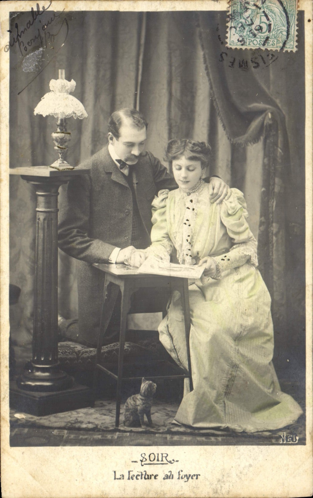 VINTAGE POSTCARD Fantasy Woman Evening reading with the hearth