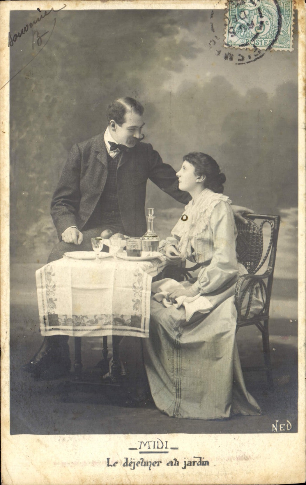 VINTAGE POSTCARD Fantasy Woman Midday the lunch with the garden