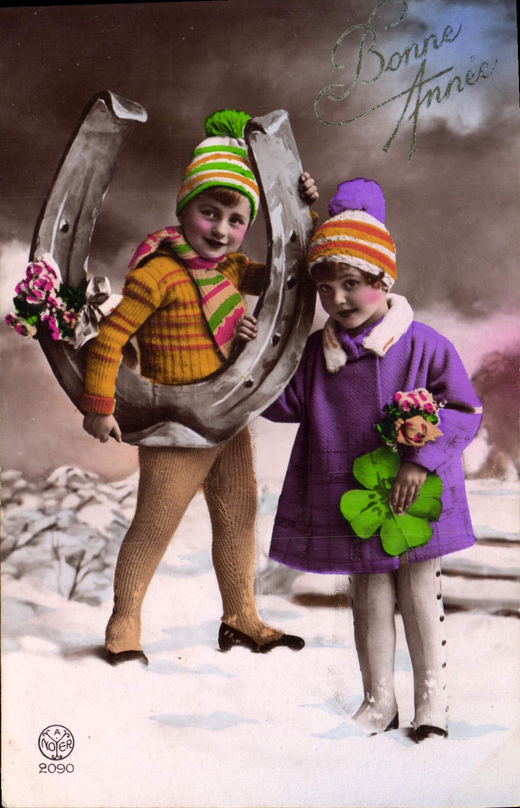 VINTAGE POSTCARD Fantaisie Children Horseshoe