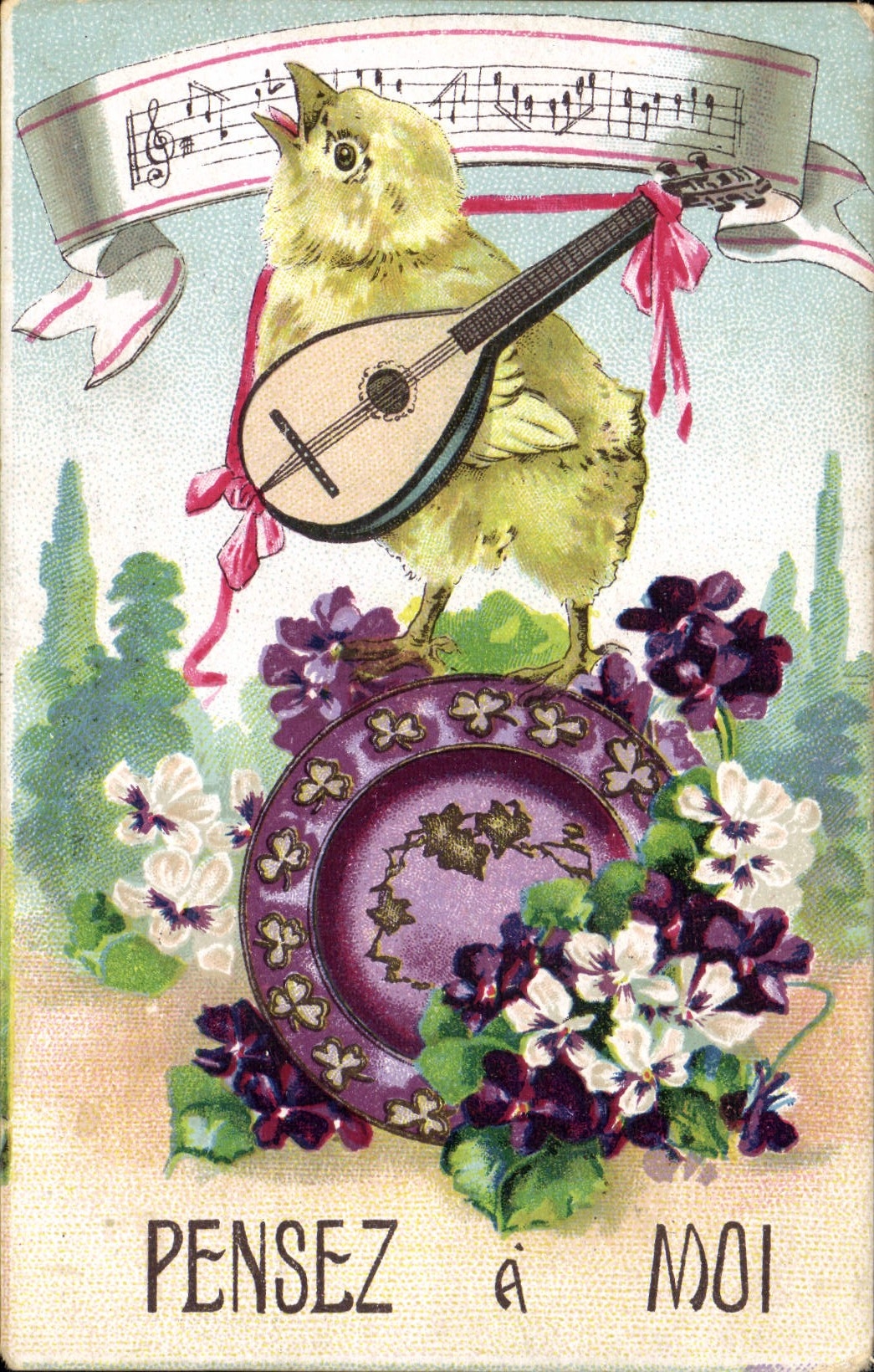 VINTAGE POSTCARD Fantasy Flowers Chick Guitar