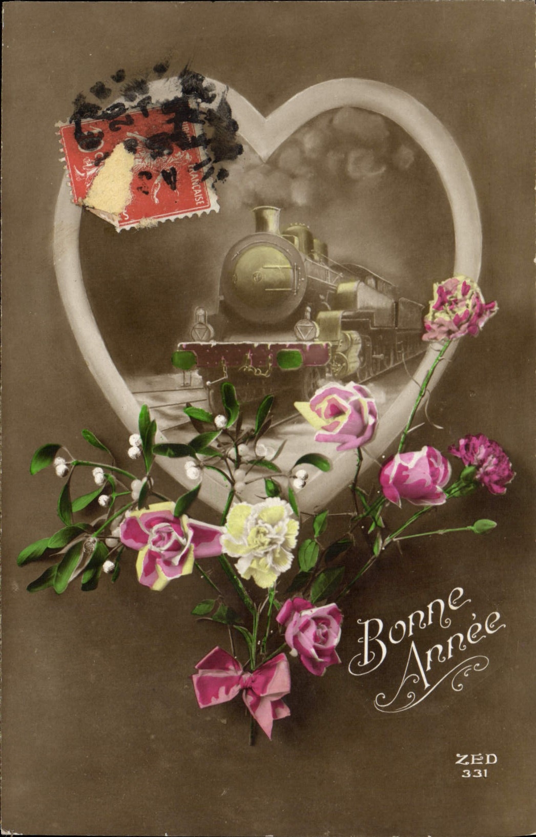 VINTAGE POSTCARD Fantasy Flowers Train Heart