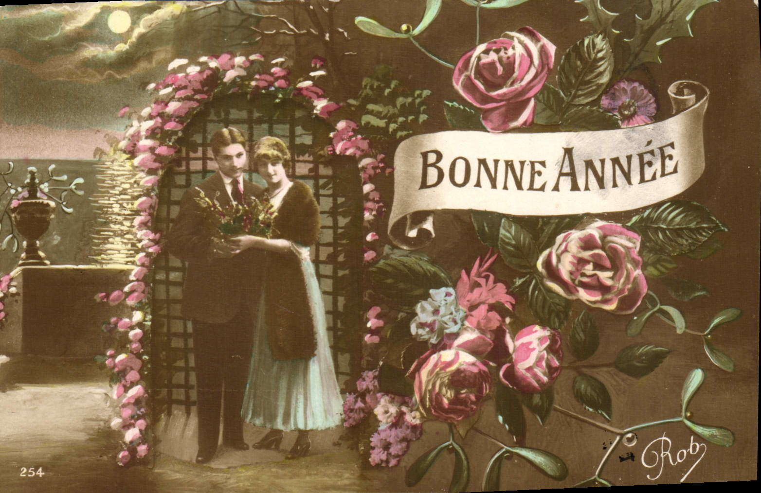 VINTAGE POSTCARD Fantasy Woman Flowers Happy New Year