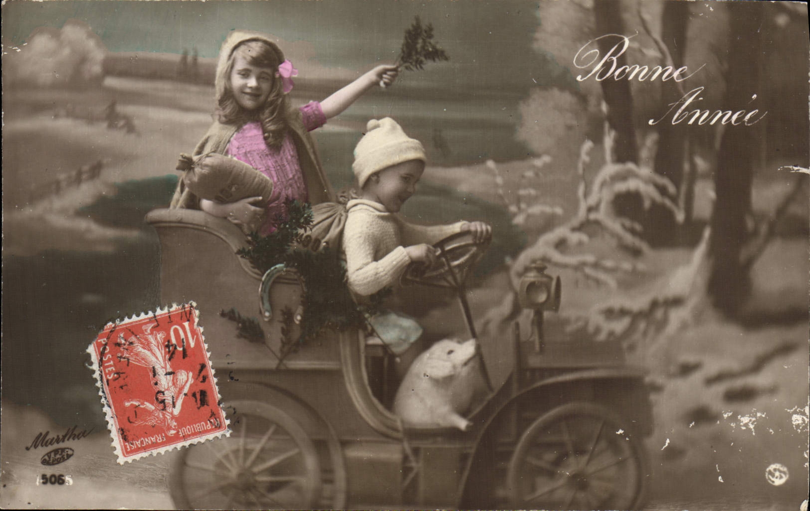 VINTAGE POSTCARD Fantasy Children Car Pig Pig