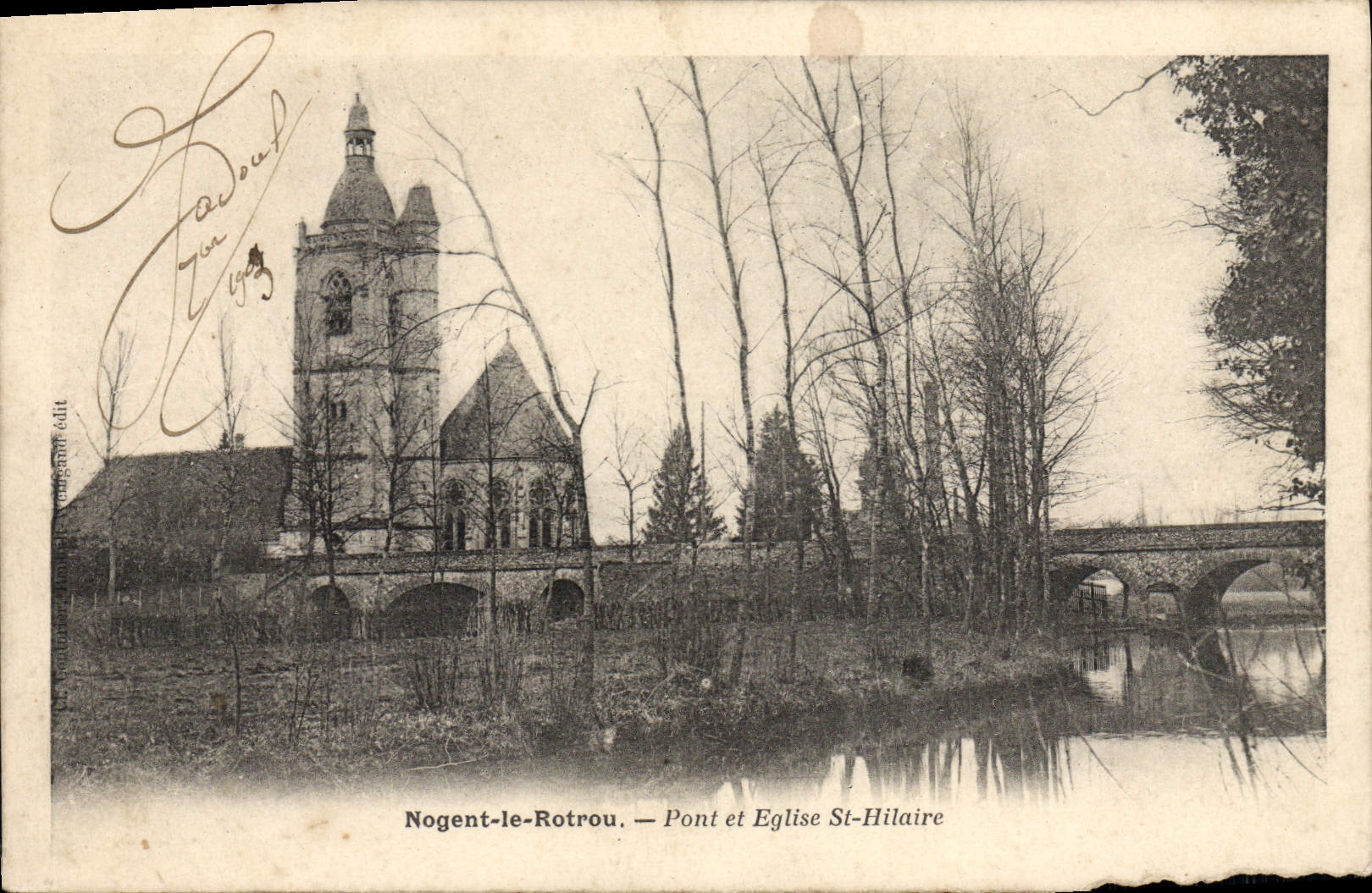 CPA Nogent Le Rotrou Pont et Eglise St Hilaire