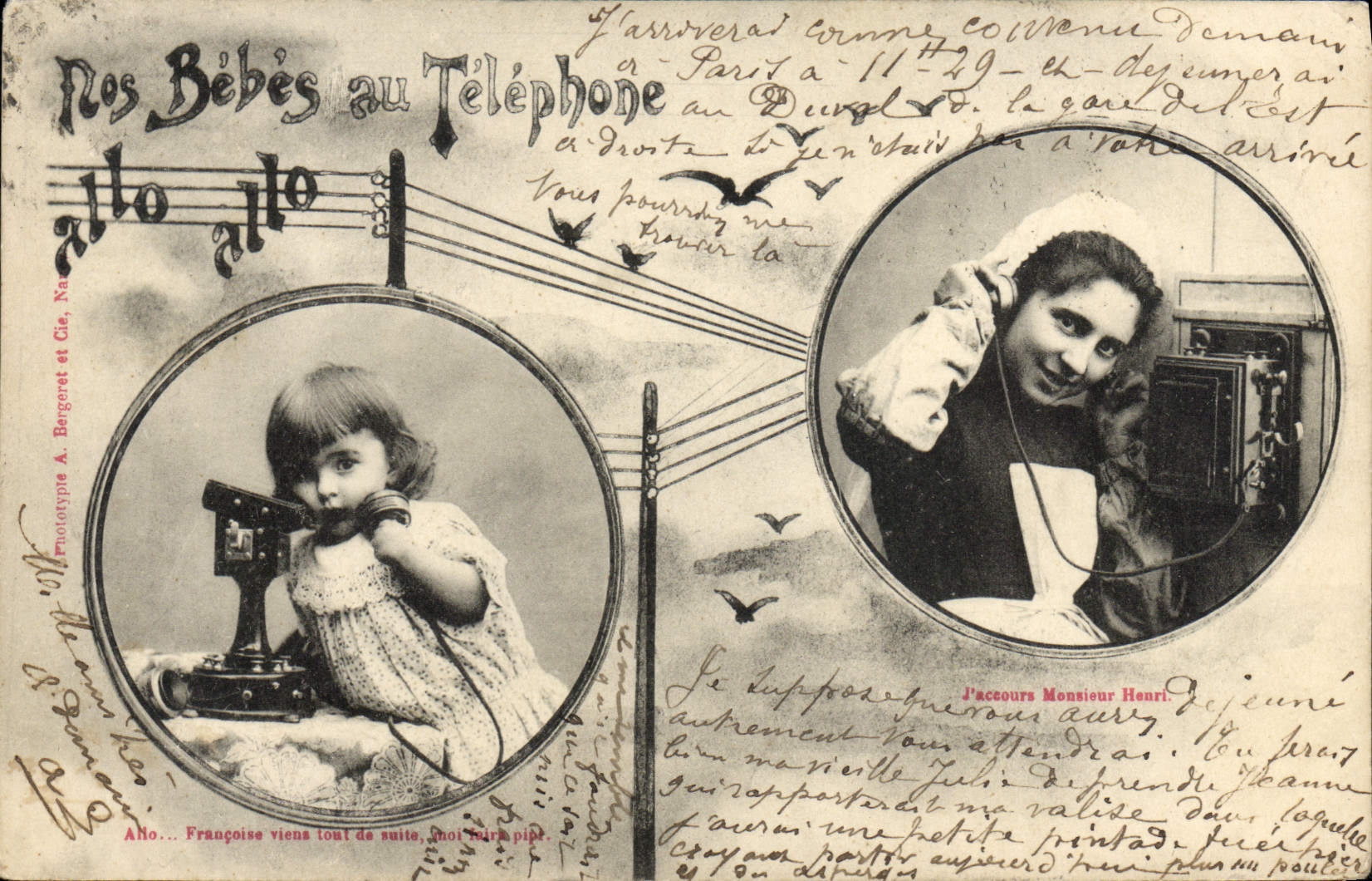 VINTAGE POSTCARD Fantasy Of the babies on the telephone