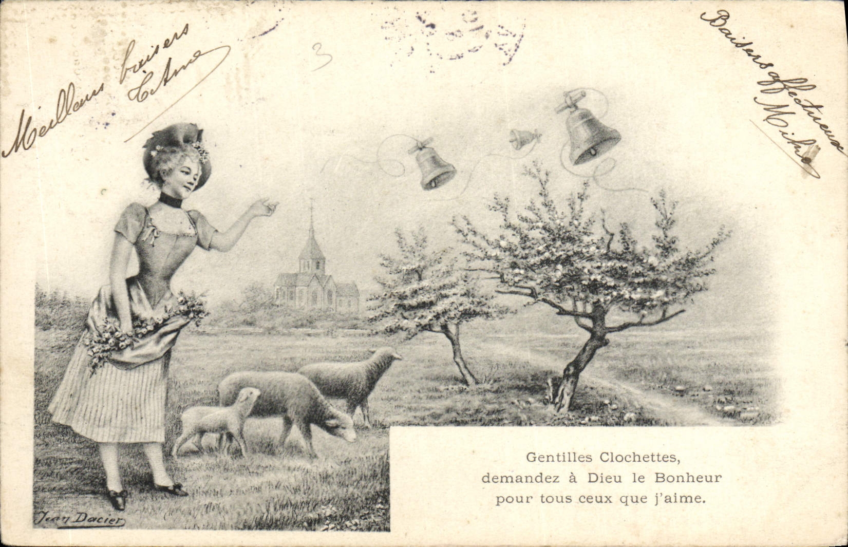 VINTAGE POSTCARD Nice Small bells Woman Lamb