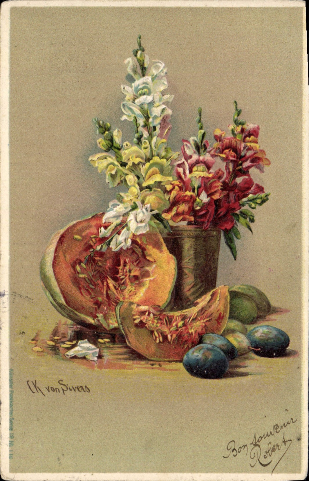 VINTAGE POSTCARD Fantasy Pumpkin Flowers