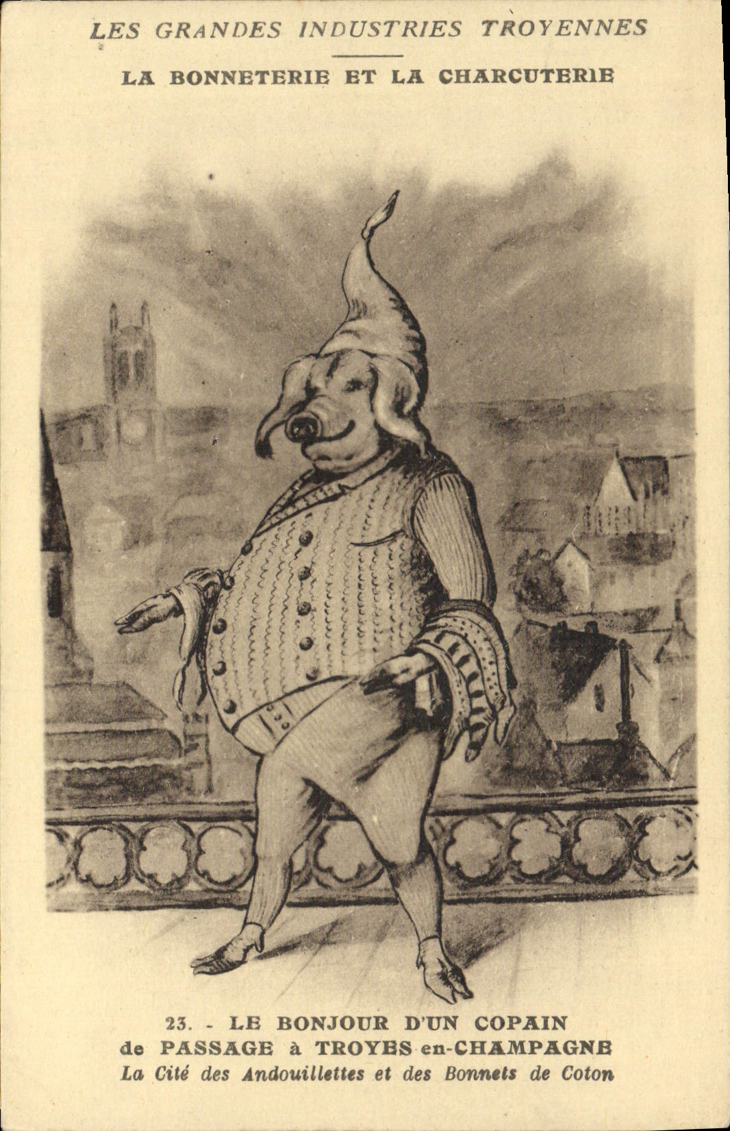 CPA Fantaisie les grandes industries troyennes La bonneterie et la charcuterie Cochon Porc Troyes