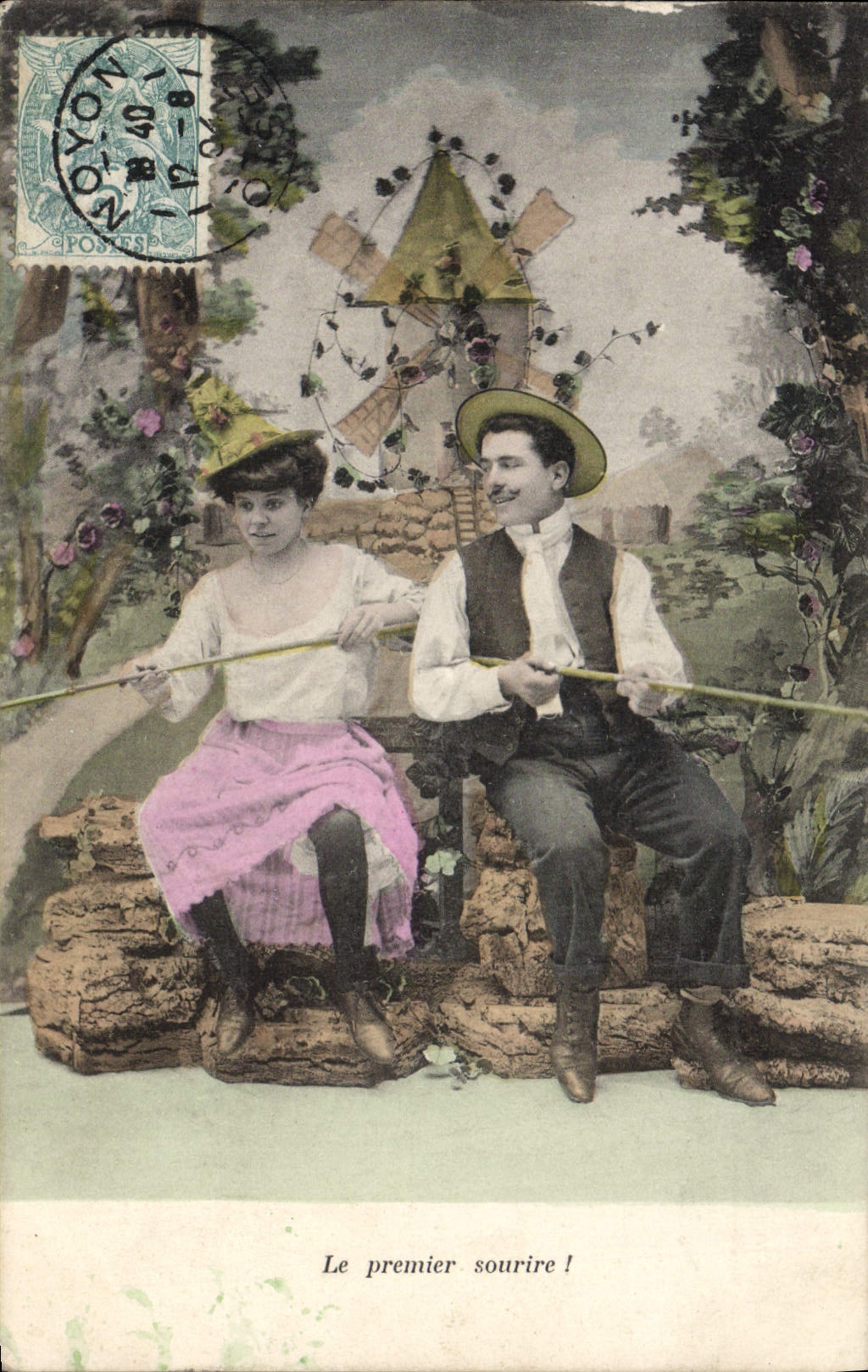 VINTAGE POSTCARD Fantaisie Woman the first smile Windmill Fishes Sinning