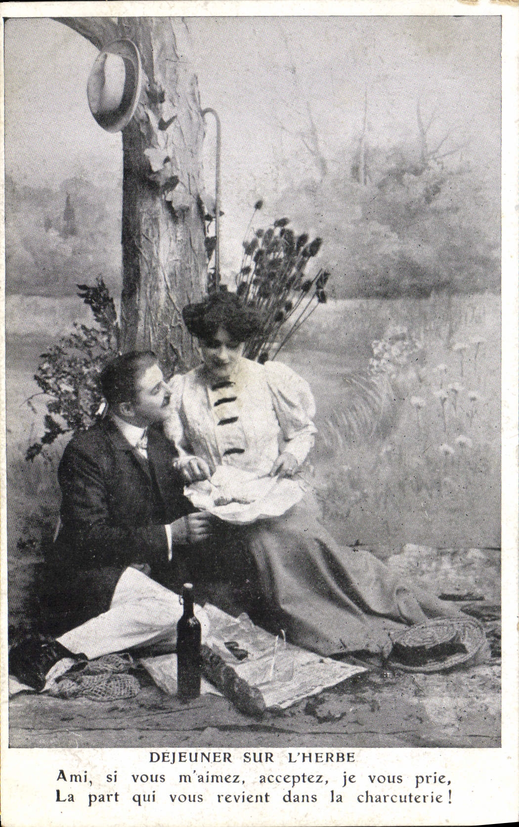 VINTAGE POSTCARD Fantasy Woman Lunch on grass