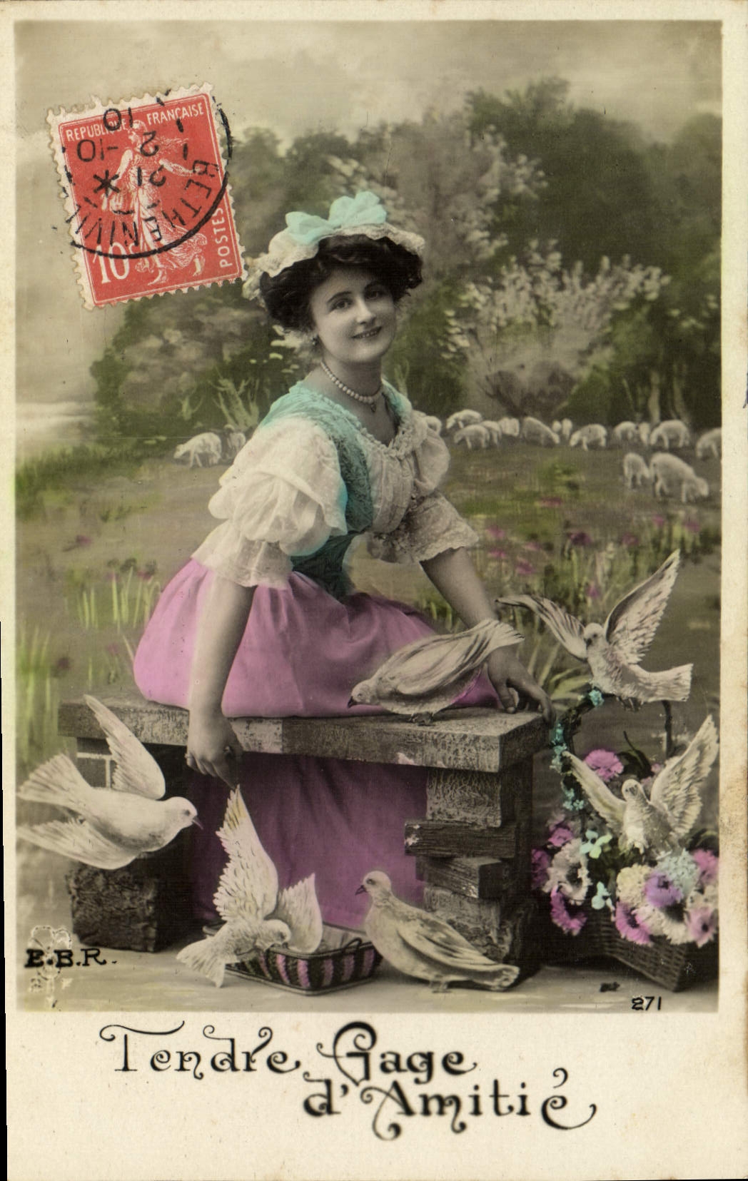 VINTAGE POSTCARD Fantasy Woman Doves