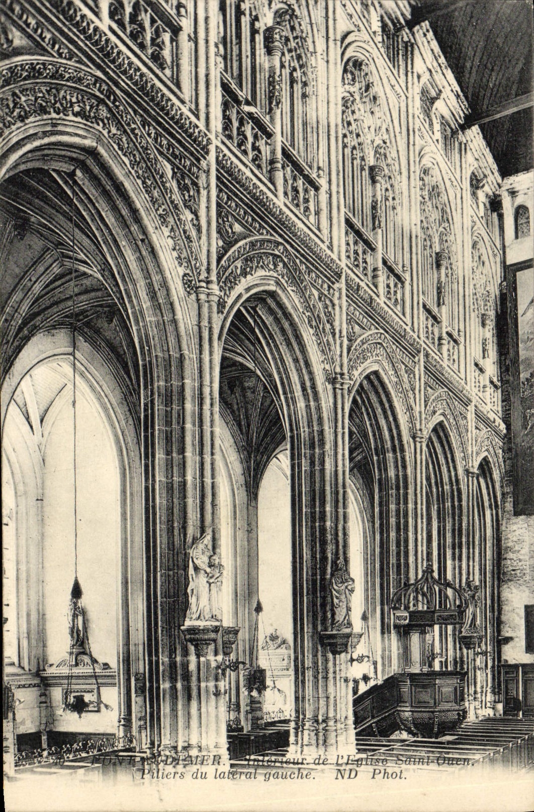 VINTAGE POSTCARD Interior Audemer Bridge of the church Saint Ouen Pillars of side the left