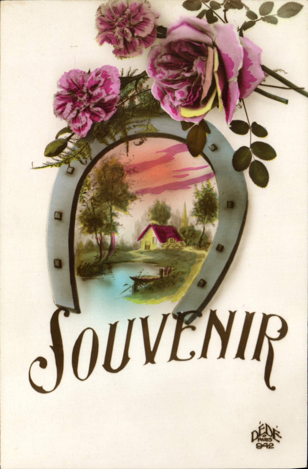 VINTAGE POSTCARD Fantaisie Flowers Horseshoe