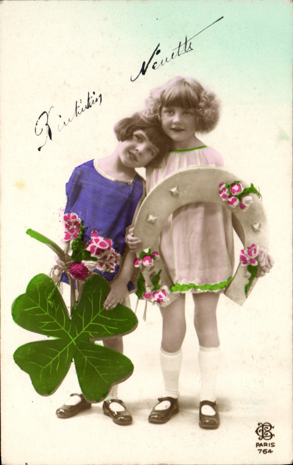 VINTAGE POSTCARD Fantaisie Child Horseshoe Trefle