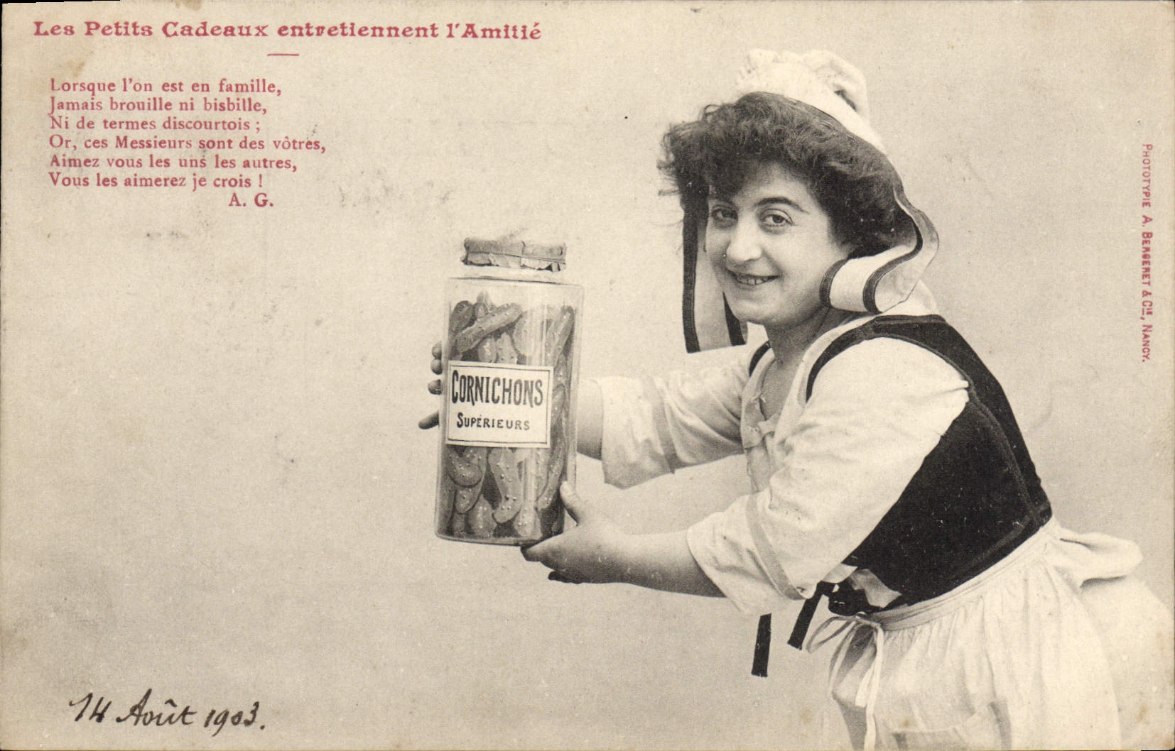 VINTAGE POSTCARD Fantasy Woman Little gifts keep friendship warm Gherkins