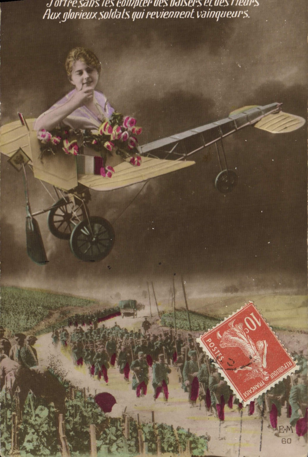 VINTAGE POSTCARD Fantasy Woman Plane Militaria Soldier