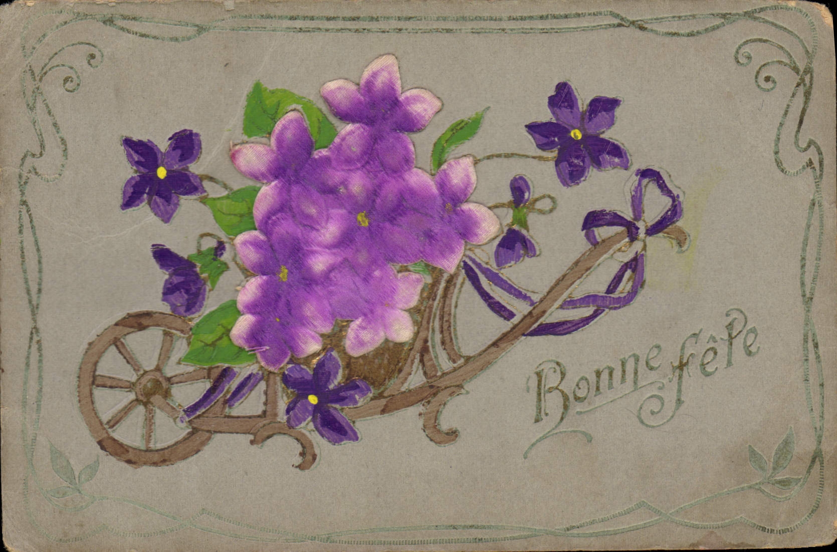 La fantasía de la POSTAL de la VENDIMIA florece la carretilla