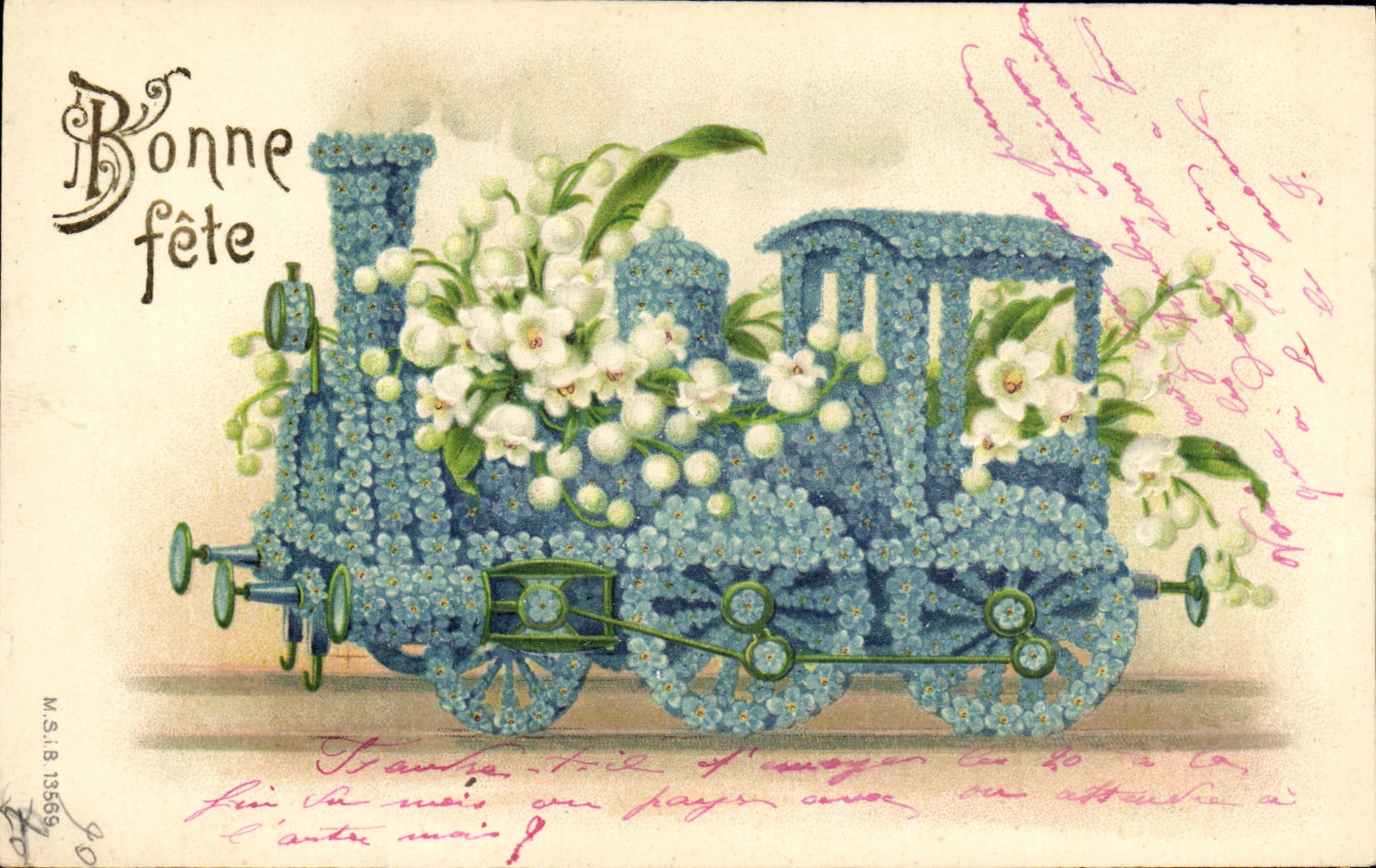 CPA Fantaisie Fleurs Train Locomotive