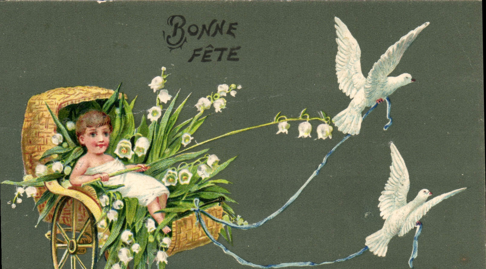 VINTAGE POSTCARD Fantasy Angel Lily of the valley Doves