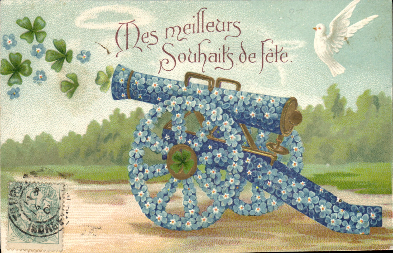 CPA Fantaisie Fleurs Colombe Canon Trefle