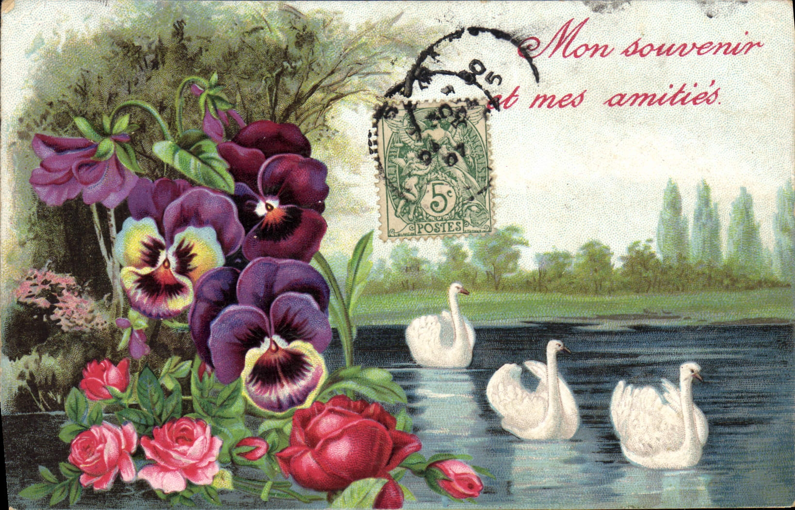 La fantasía de la POSTAL de la VENDIMIA florece cisnes