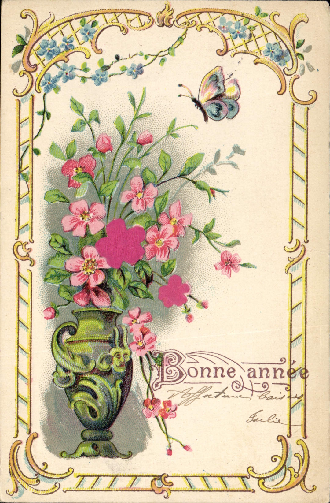 La fantasía de la POSTAL de la VENDIMIA florece la mariposa