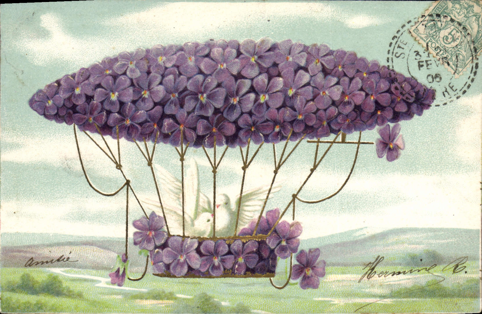 VINTAGE POSTCARD Fantasy Flowers Zeppelin Airship Doves