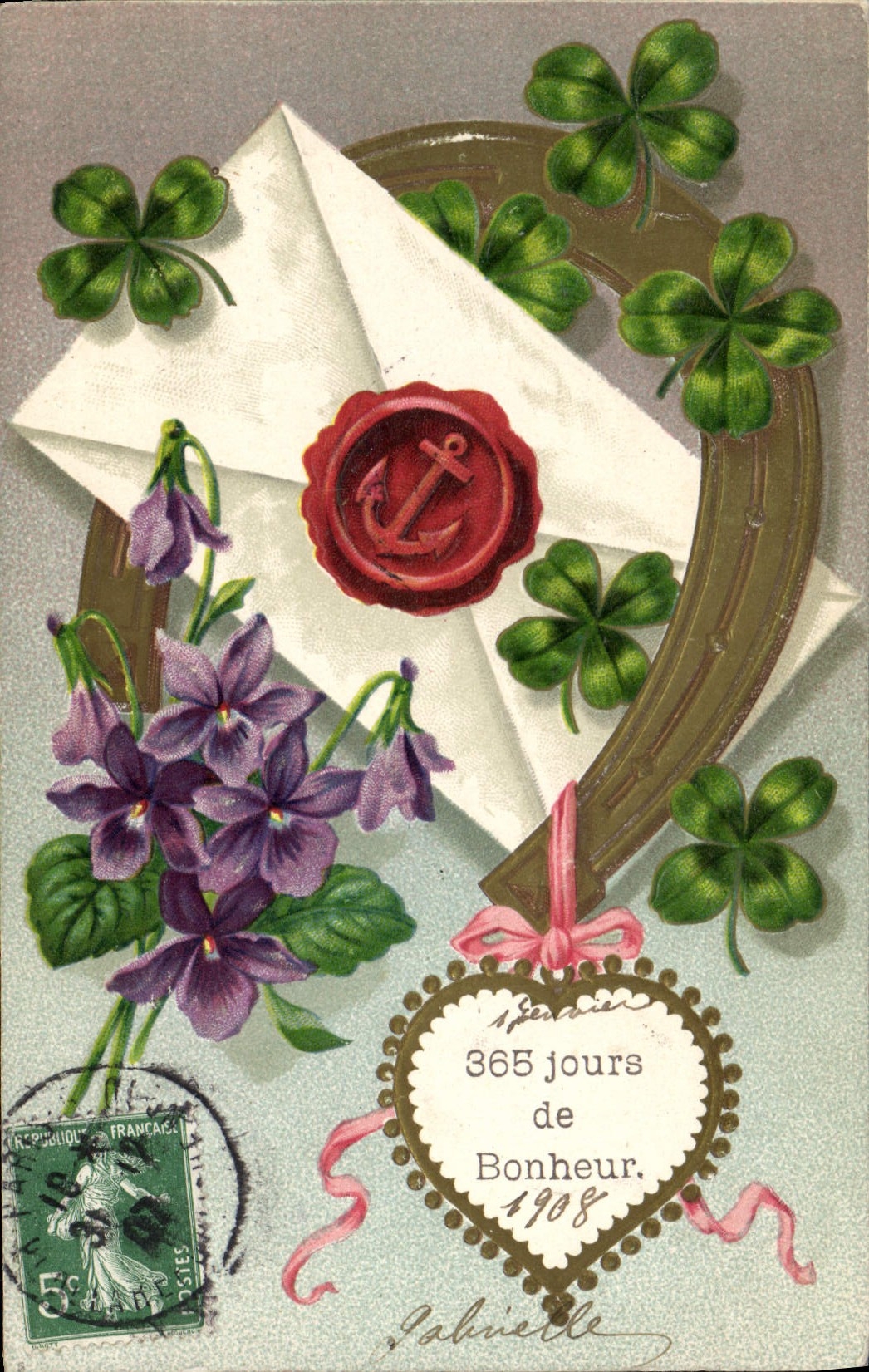 VINTAGE POSTCARD Fantaisie Flowers Horseshoe Trefle