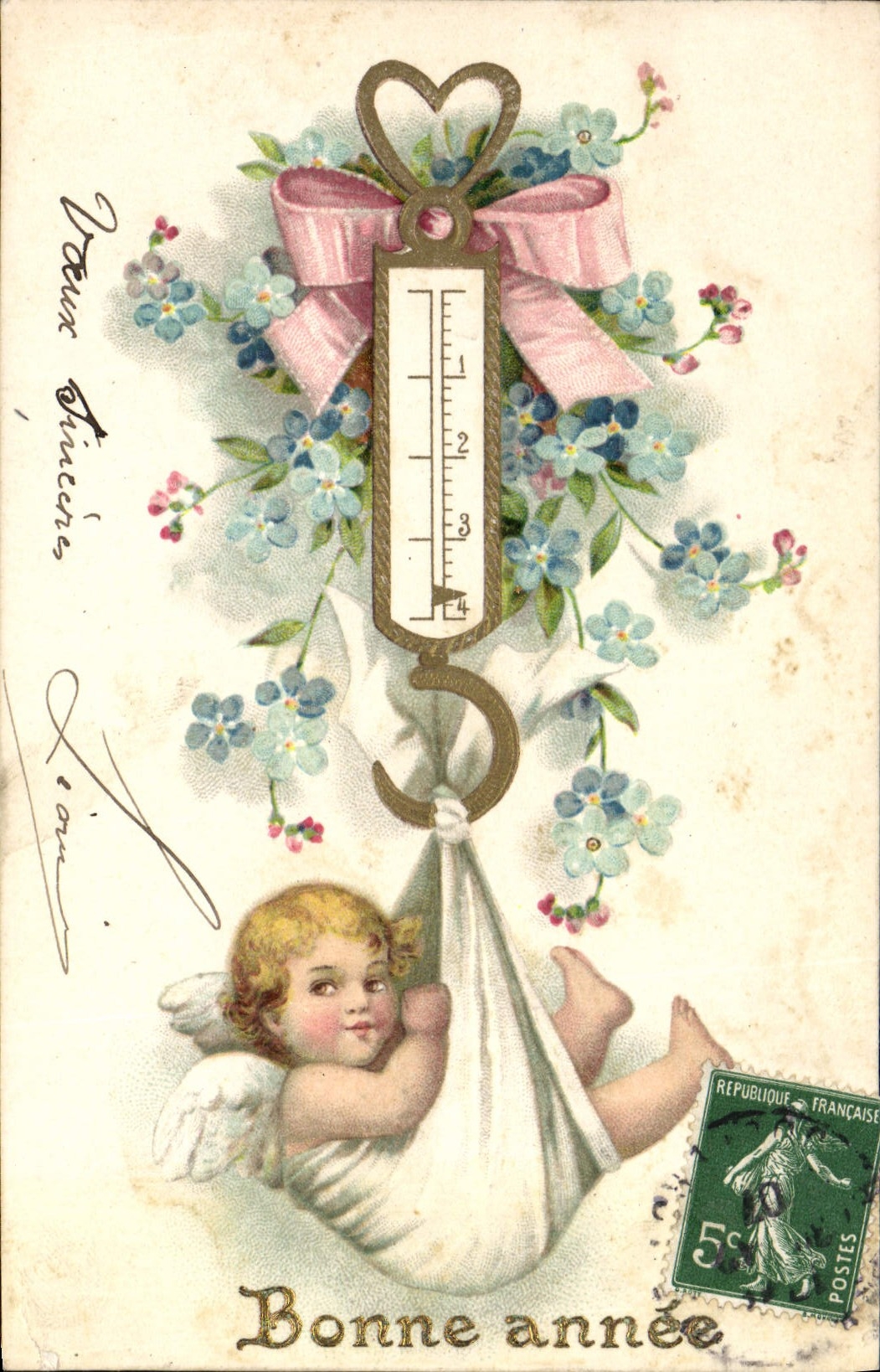 VINTAGE POSTCARD Fantaisie Flowers Child Horseshoe Bebe