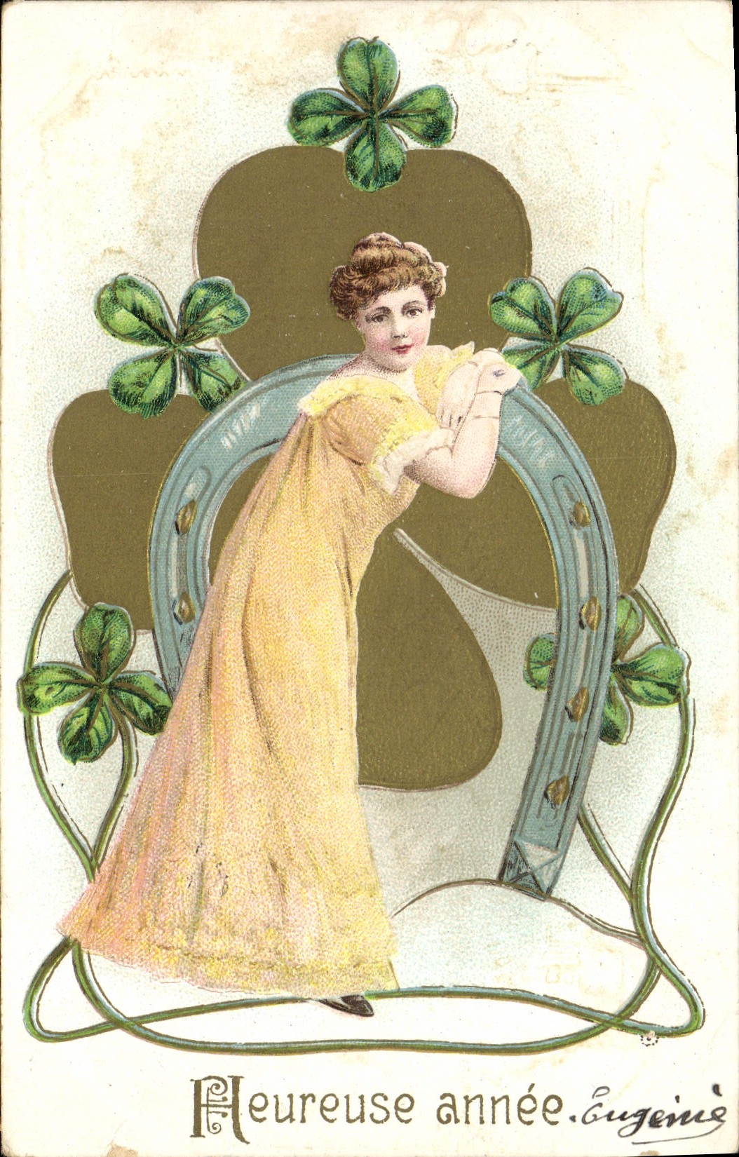 CPA Fantaisie Femme Fer a cheval Trefle