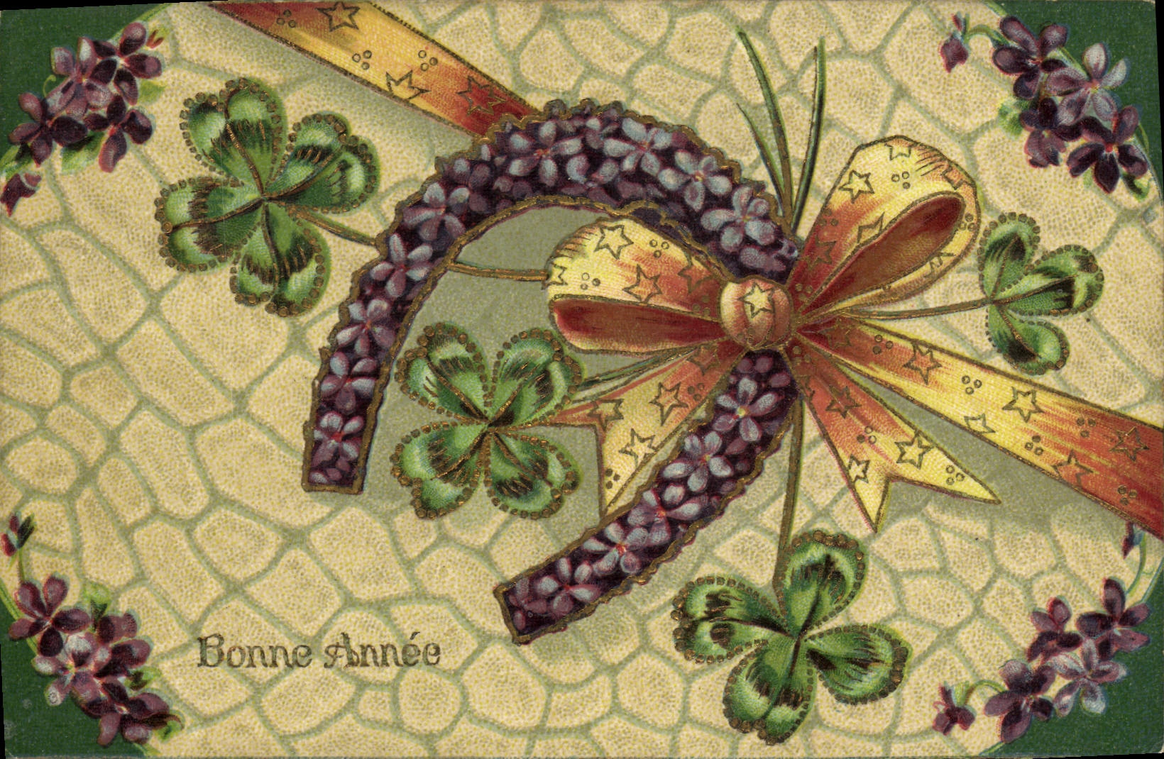 VINTAGE POSTCARD Fantaisie Flowers Horseshoe Trefle