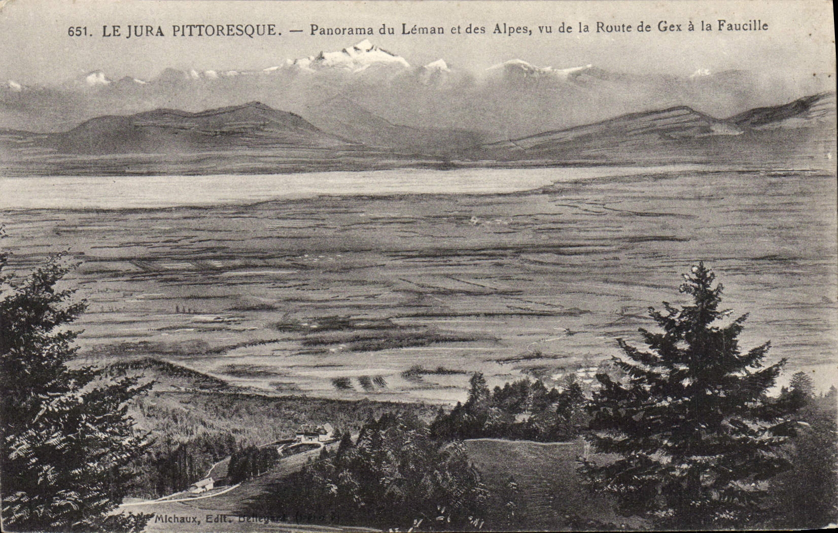VINTAGE POSTCARD the Picturesque Jura Panorama Of Leman And the Alps seen of the road of Gex to the Sickle