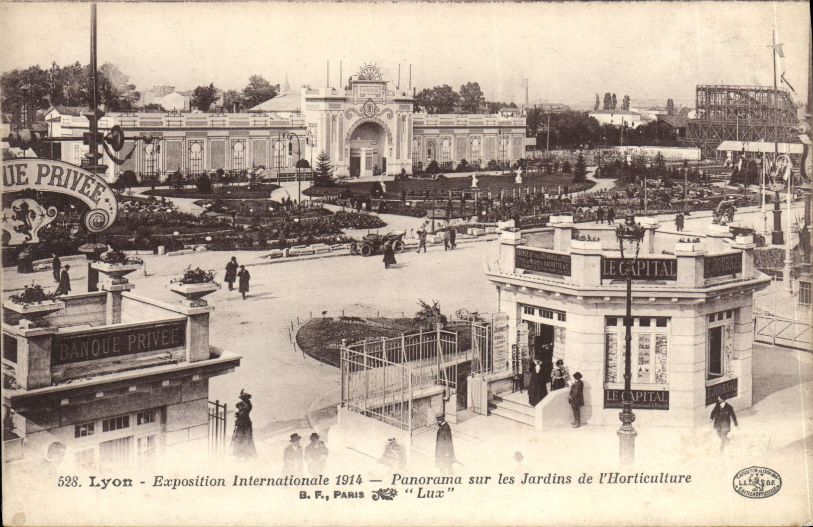 Panorama internacional de la exposición de Lyon de la POSTAL de la VENDIMIA en los jardines de la horticultura