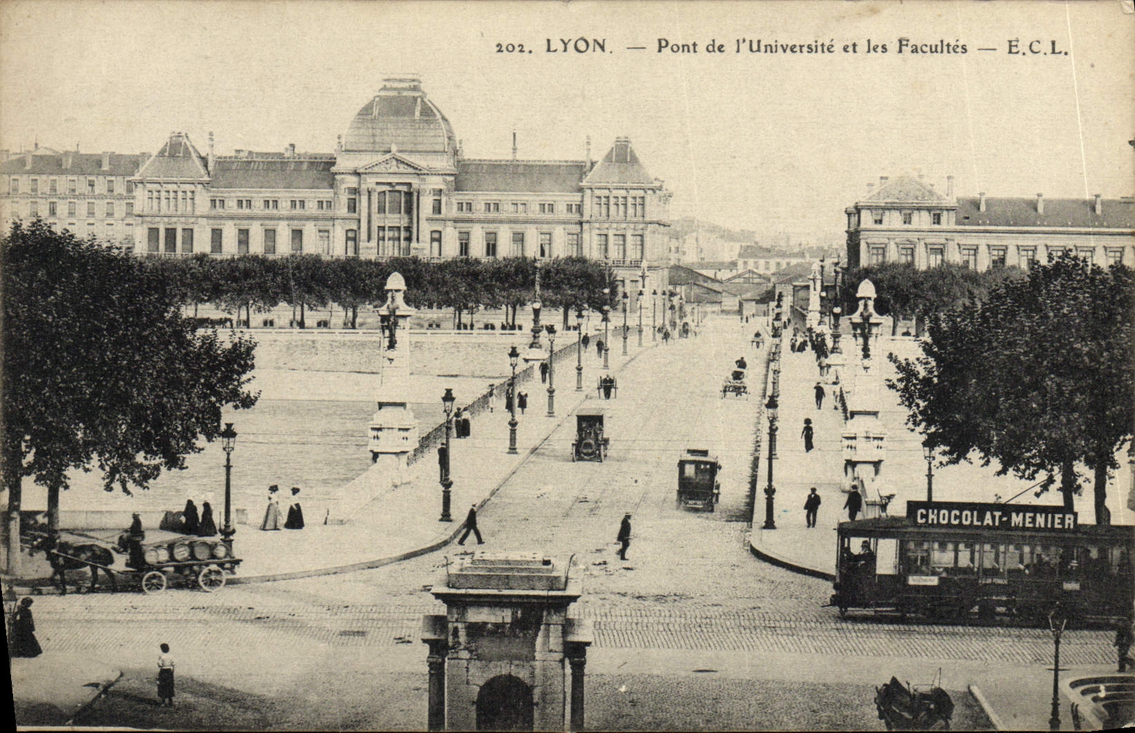 VINTAGE POSTCARD Lyon Bridge of the University and Faculties Tram Menier Chocolate