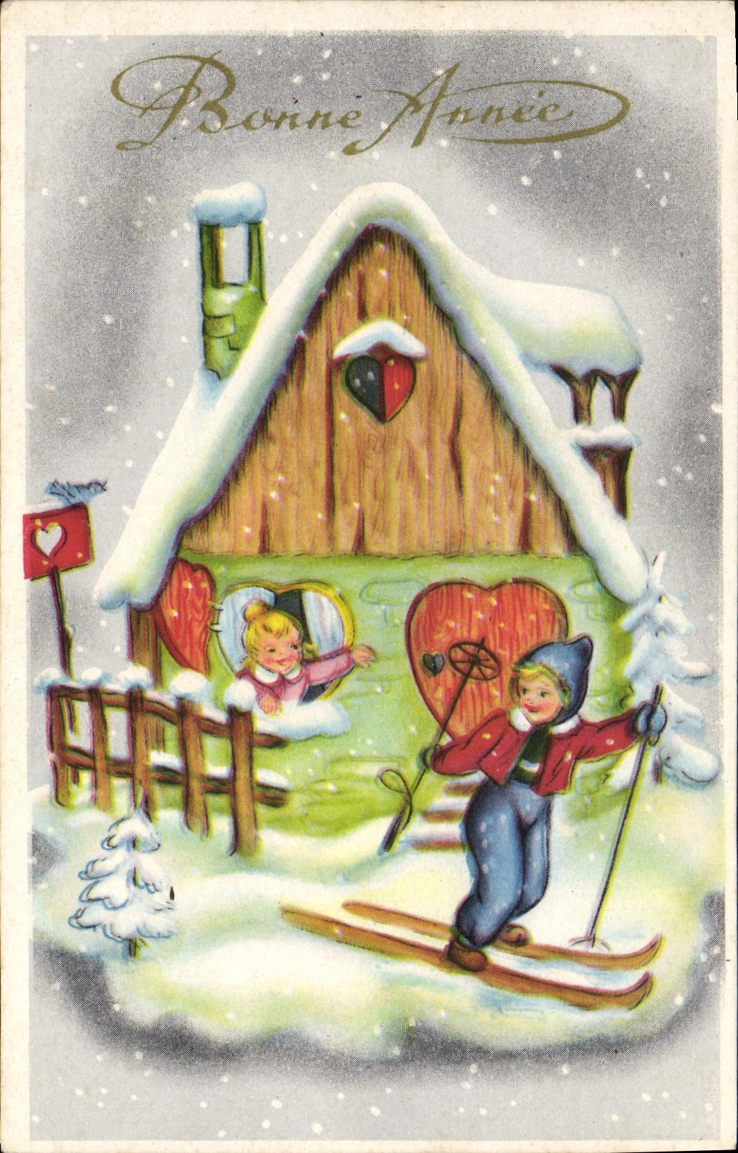 CPA Bonne Annee Enfants Ski 