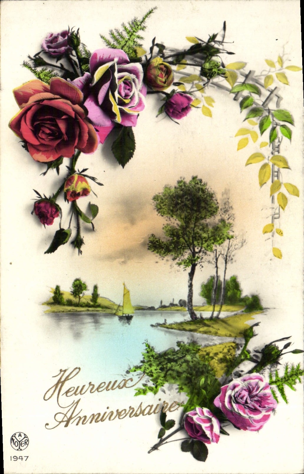 VINTAGE POSTCARD Happy Birthday Flowers