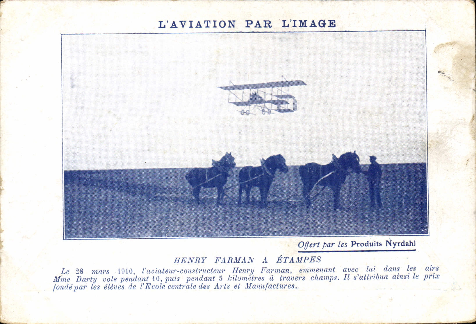 VINTAGE POSTCARD Aviation Plane Henry Farman has Etampes Horses draft