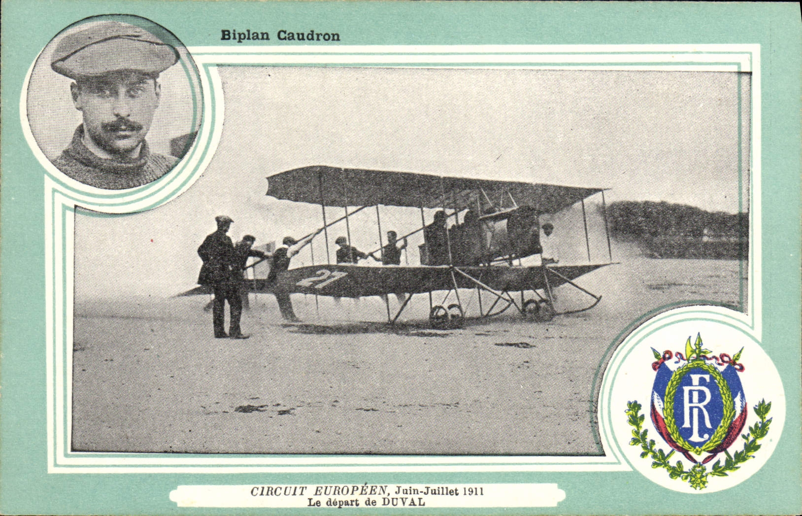 VINTAGE POSTCARD Aviation Biplane Caudron European Circuit July 1911 June the departure of Duval