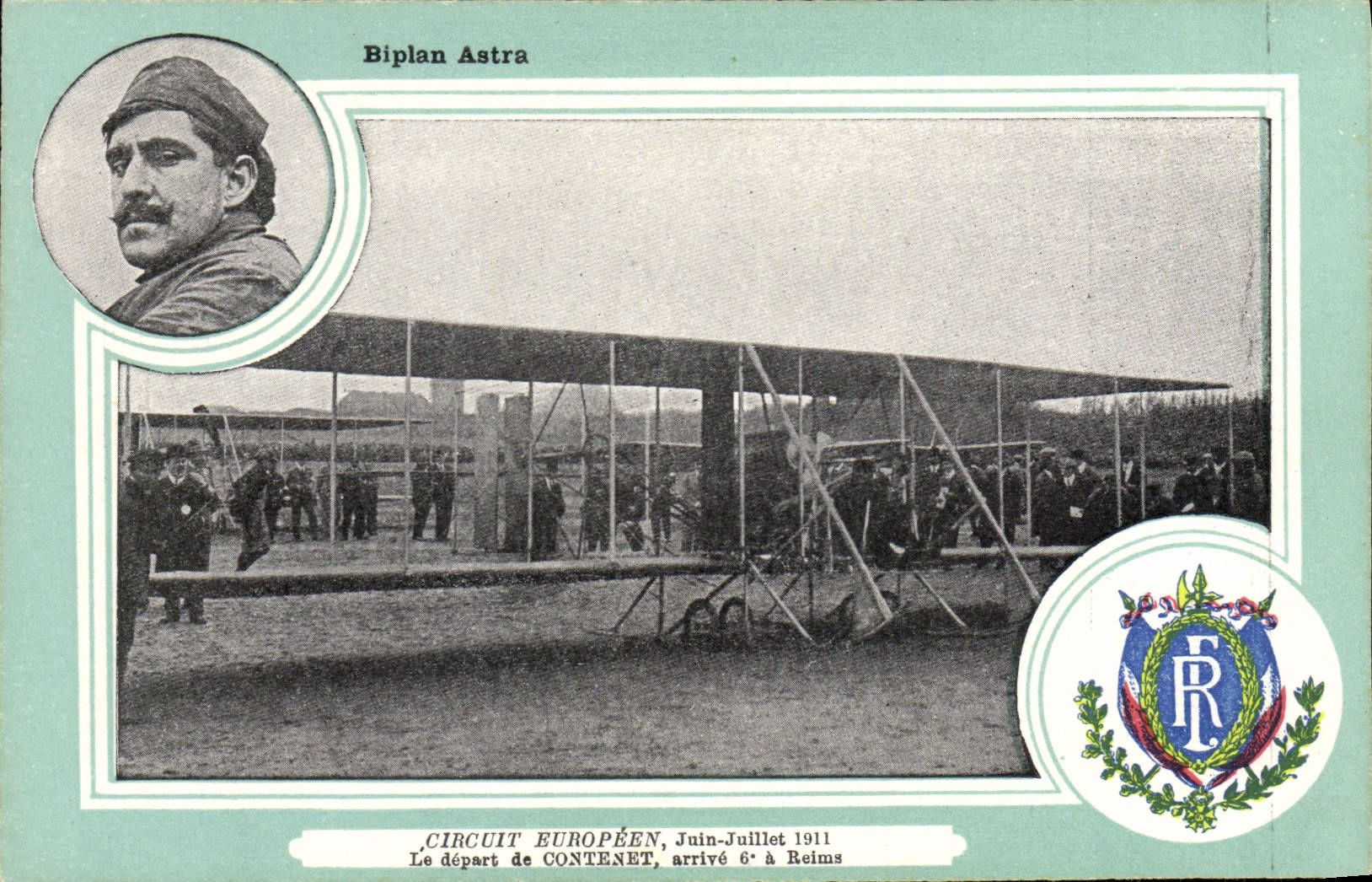 VINTAGE POSTCARD Aviation Biplane Astra Circuit European July 1911 June the departure of Contenet arrived 6th has Rheims