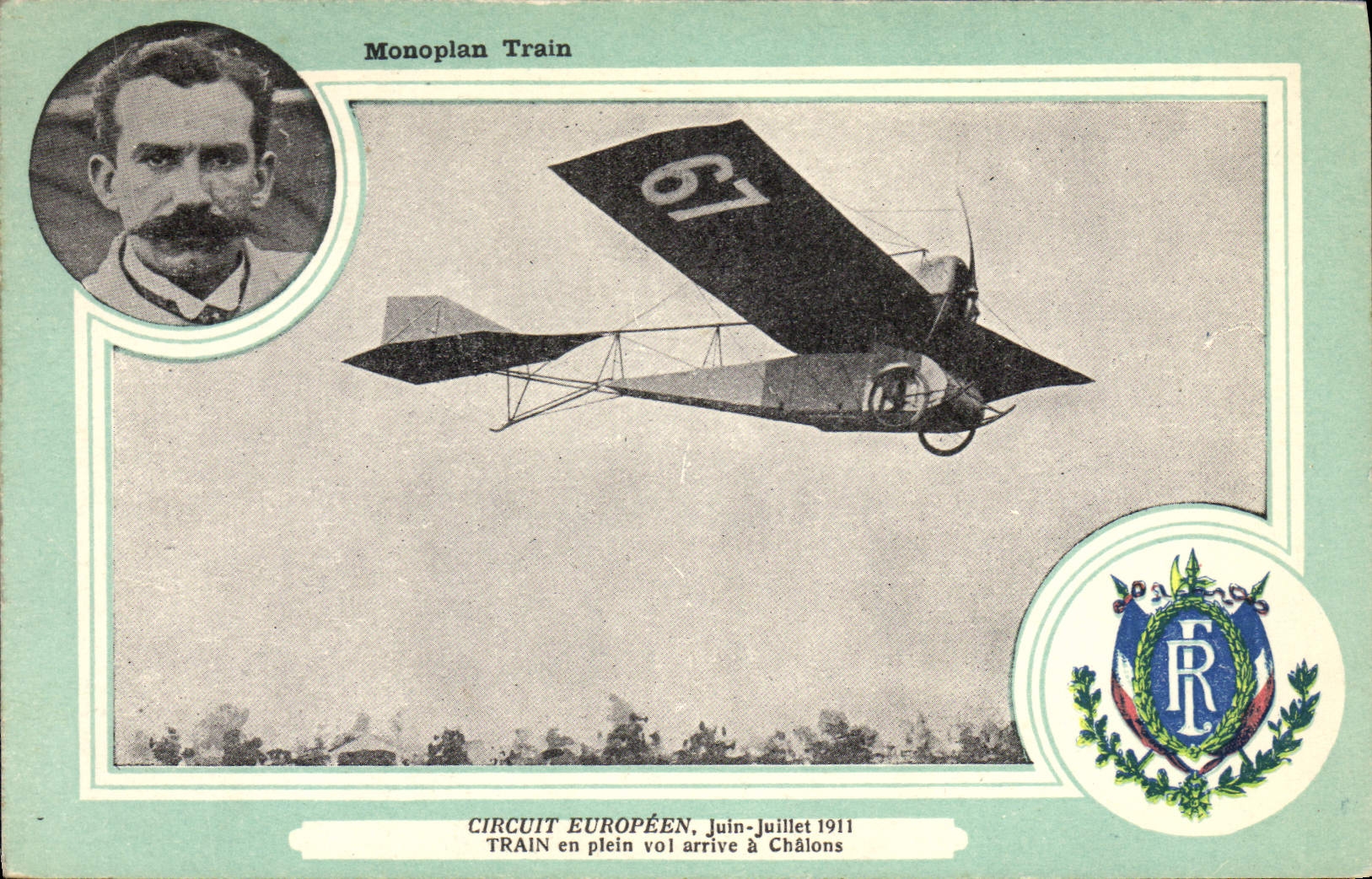 CPA Aviation Avion Monoplan Train Circuit europeen Juin Juillet 1911 Train en plein vol arrive a Chalons 