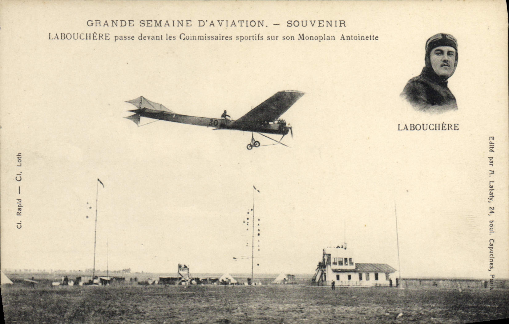 CPA Aviation Avion Grande semaine d'aviation Labouchere passe devant les commissaires sportifs sur monoplan Antoinette