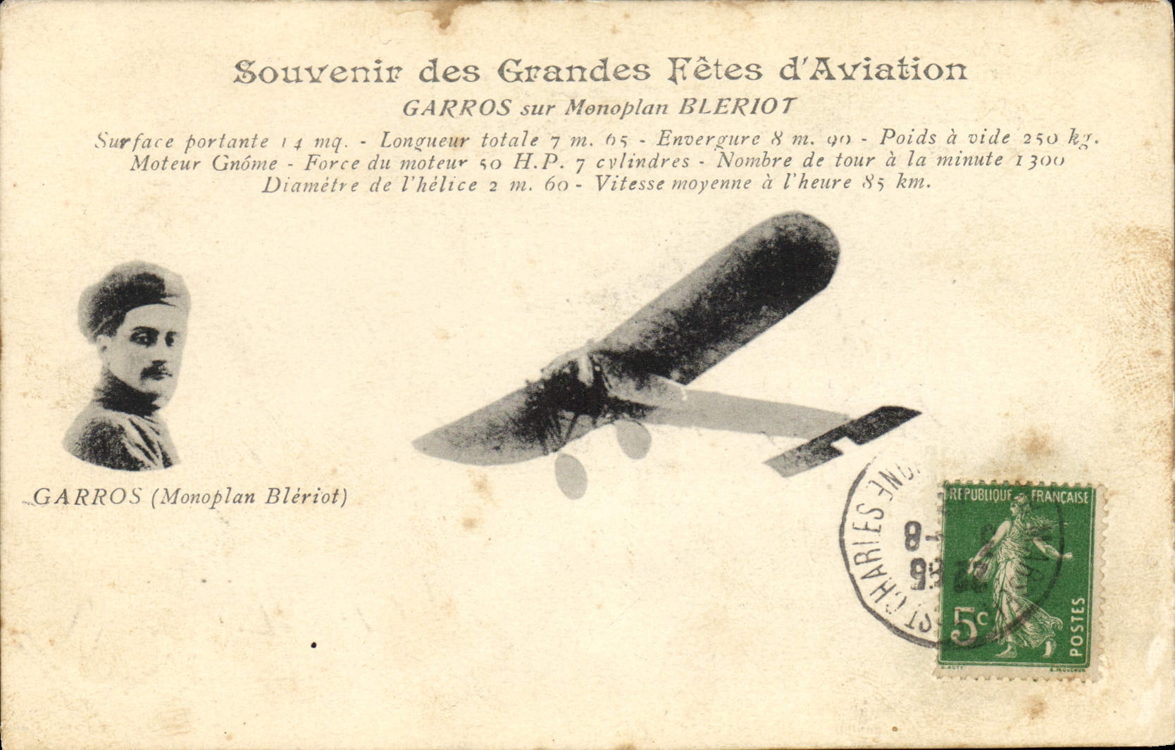 CPA Aviation Avion Souvenir des Grandes Fetes d'aviation Garros sur son monoplan Bleriot 